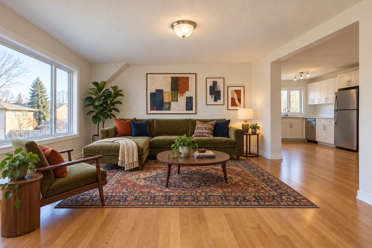 Loft virtually staged with olive seating, colourful textiles and collected details